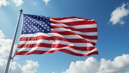 Obraz premium American flag waving in blue sky with white clouds