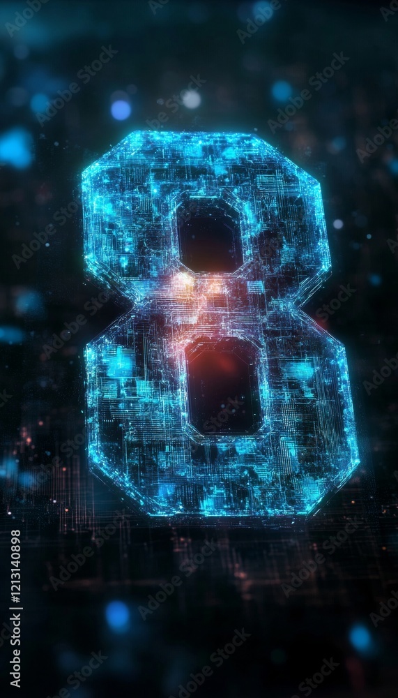 Poster glowing futuristic digital number 8 a 3d rendering isolated on abstract technology background.