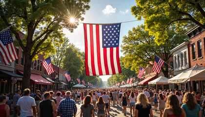 American flags over crowded street festival in summer