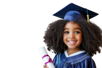 Kindergarten graduate holding balloons and wearing a small cap and gown. PNG transparent.