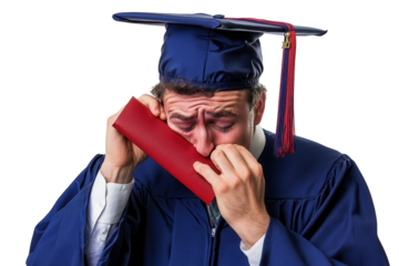 Graduate wiping tears of joy while holding a diploma. PNG transparent.