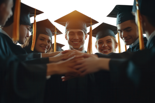Group of graduates in caps and gowns standing in a circle, stacking their hands together. PNG transparent.