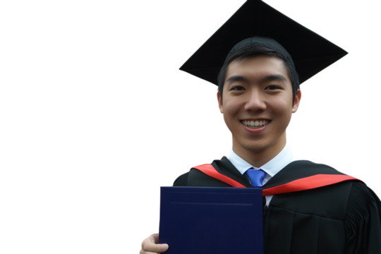 Graduates holding small flags representing their countries while wearing caps and gowns. PNG transparent.
