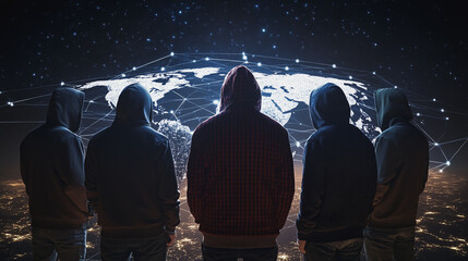Naklejka premium Hacker are planning to hack and attack networks and cyber security systems.team people innovation connection of line from nail node to node on map background , networking concept
