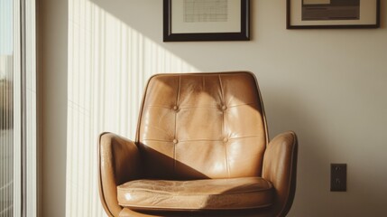 Tan leather armchair in sunlit room.