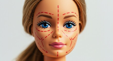 Beauty Standards Visualization: Fashion Doll Face with Cosmetic Surgery Markers. (Ideal for media articles, beauty industry critique, medical education materials, and social awareness campaigns)