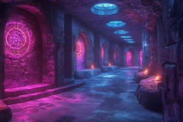 intricate chamber filled with ancient glowing symbols bathed in hues of deep blue and purple shadows dance on the walls creating an enigmatic and mystical essence inviting curiosity and wonder