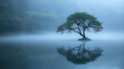 Obraz premium Lonely tree reflecting in misty lake, serene landscape