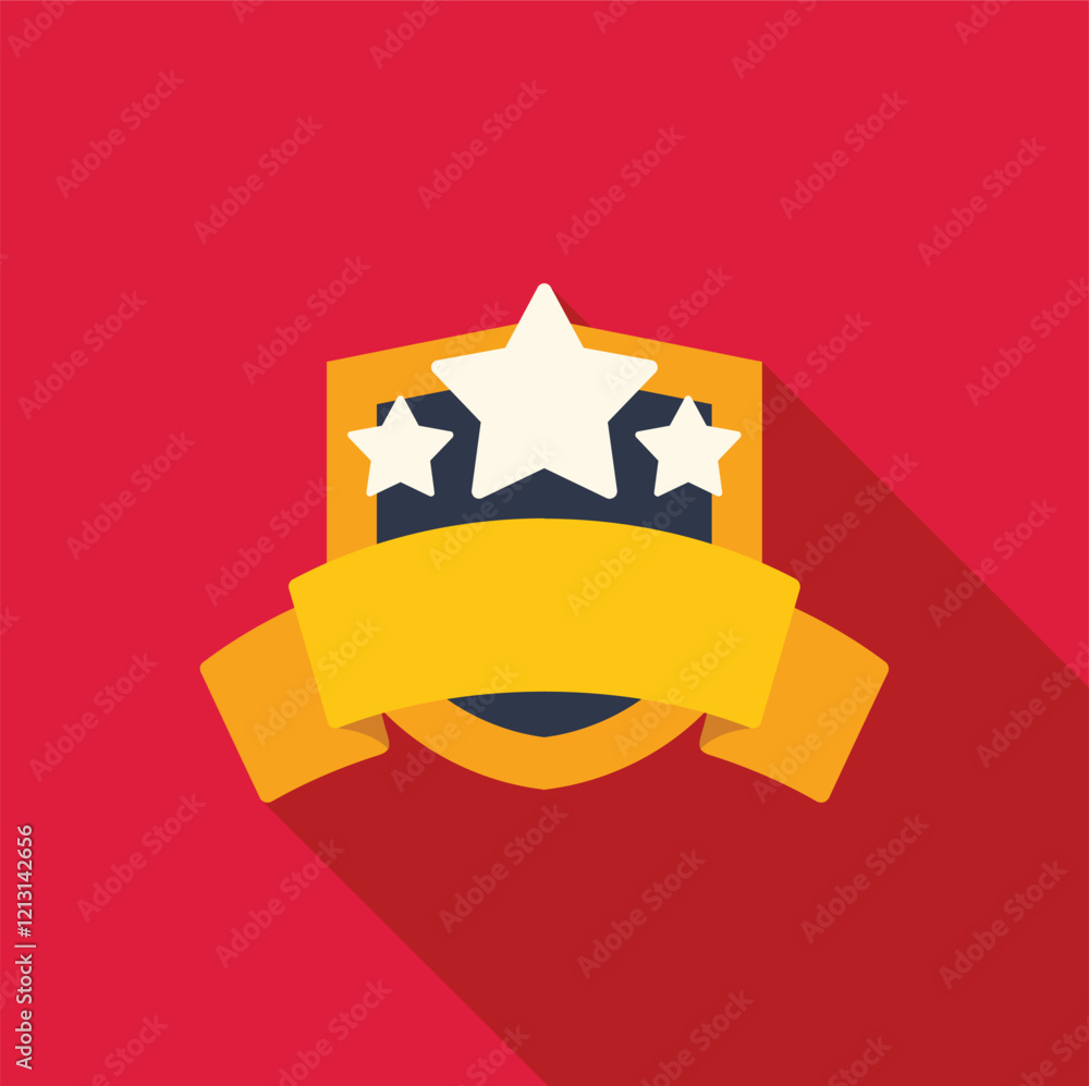 Poster golden shield with three white stars and an empty golden ribbon on a red background representing qua