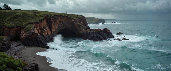 Dramatic coastal cliffs with crashing waves under stormy sky