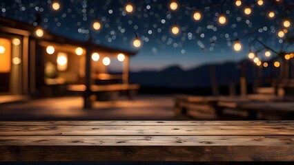 Rustic table surface under starlit night sky. Soft bokeh effect in the background.