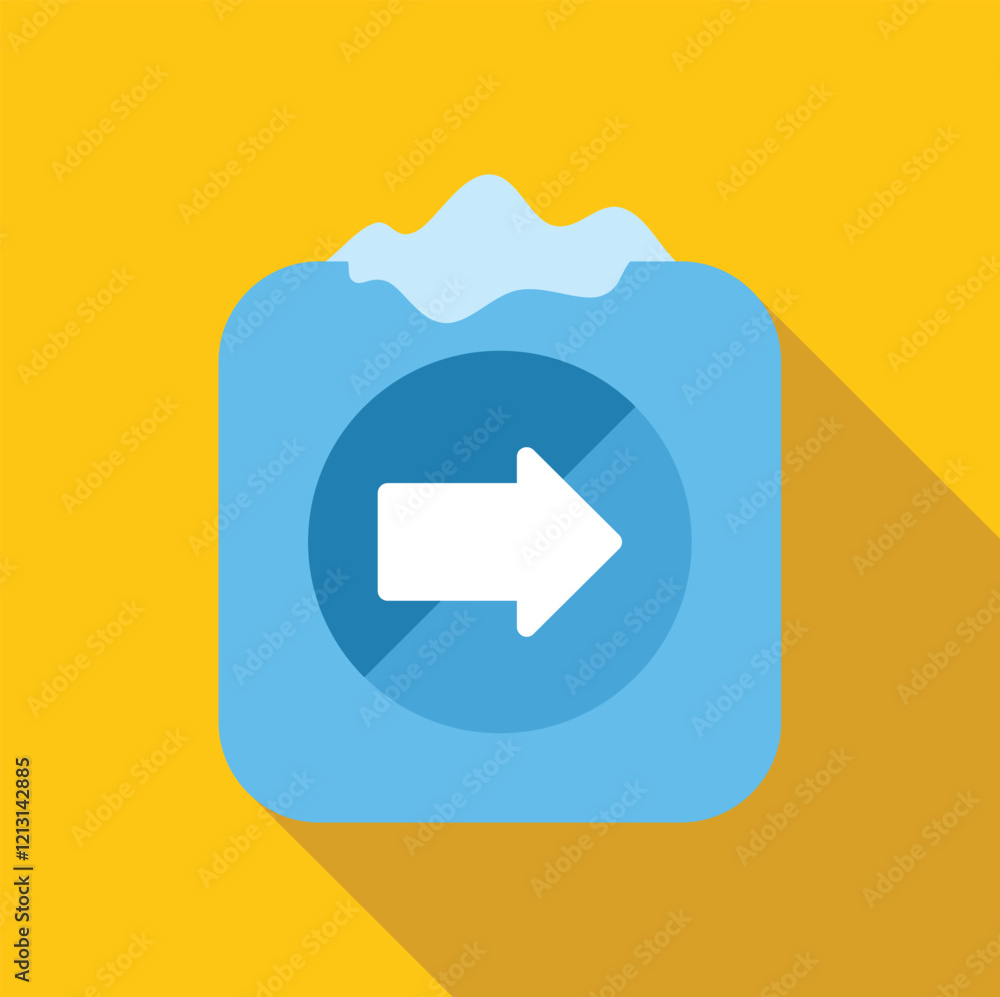 Poster frozen blue app button with a white arrow pointing right on a yellow background