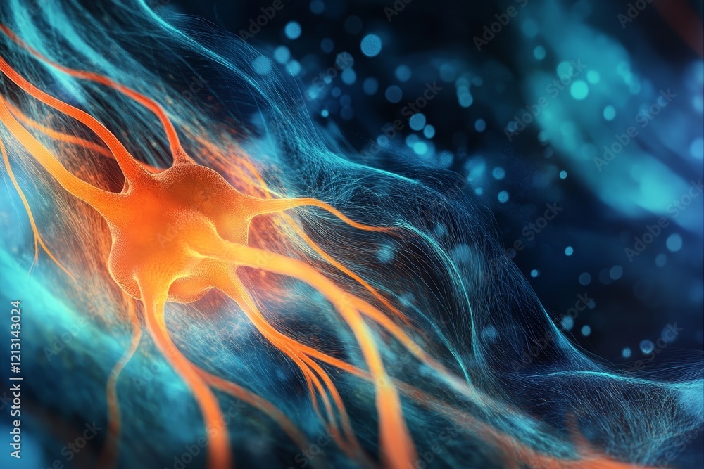Poster glowing orange neuron interconnected, digital transformation of neural networks concept