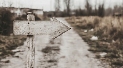 Weathered wooden arrow sign pointing right on a dirt road.
