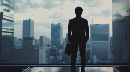 Fototapeta premium A sleek and minimalist scene featuring the silhouette of an executive in a modern office space with glass walls and muted lighting.