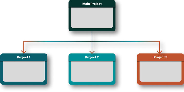 Set of boxes to organize presentation, small, colorful, green and orange flowchart, two levels.