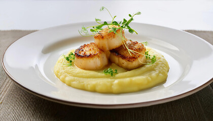 Perfectly pan-seared scallops arranged on a bed of creamy cauliflower pur&eacute;e, garnished with microgreens and a drizzle of lemon oil, styled on a pristine white plate.