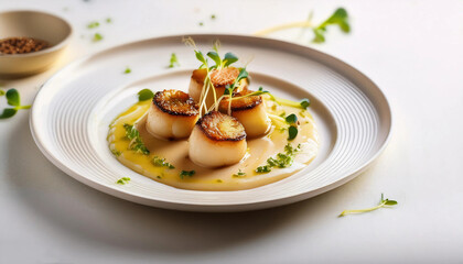 Perfectly seared scallops with a golden crust, drizzled with a rich truffle cream sauce, garnished with microgreens. Ideal for fine dining menus, luxury events, premium culinary visuals