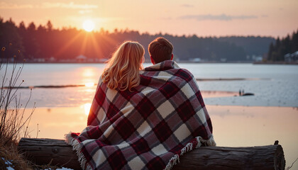 Fototapeta premium Couple wrapped in plaid blanket watching sunset by lake