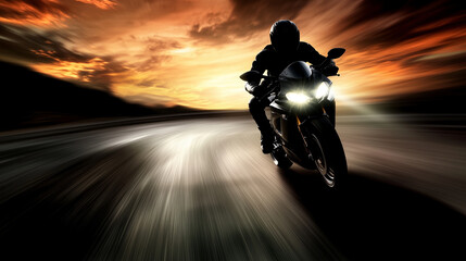 Silhouette of a motorcyclist speeding on a winding road during sunset, with blurred motion and dynamic energy.