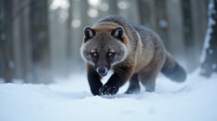 Fototapeta premium Wolverine Prowling in a Snowy Forest