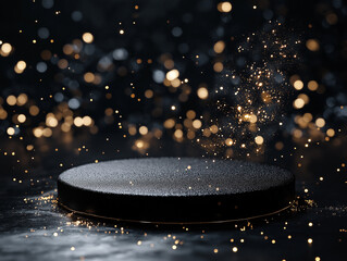 Elegant Black Podium with Gold Accents, Soft Bokeh Background, Award Ceremony, Winner, Stage,       