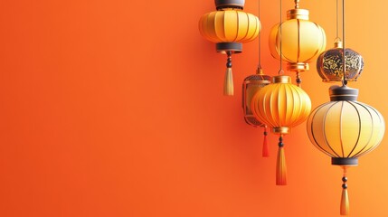 Golden Lanterns Hanging Against Orange Background