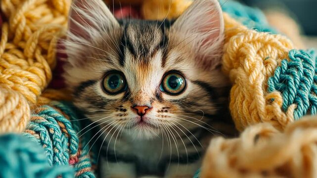 Curious kitten exploring cozy colorful blanket