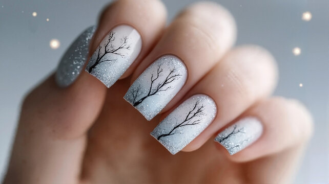Winter tree nail art design on glittery white background