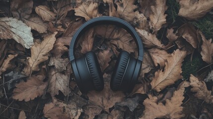 Black headphones resting on autumn leaves.
