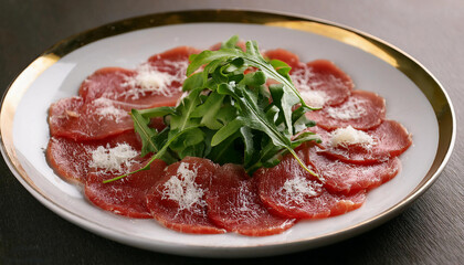 Thin slices of beef carpaccio drizzled with olive oil, topped with shavings of parmesan and fresh arugula, styled on a modern white plate with a refined presentation.