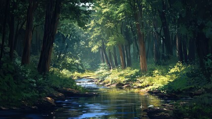 Obraz premium A peaceful forest with a small creek flowing through it, surrounded by dense trees