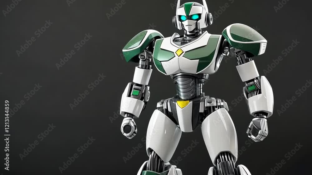 Poster a robot showcases its advanced features and design in a sleek, modern environment, demonstrating its