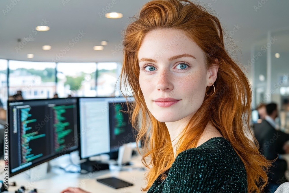Poster confident female programmer working on code on dual monitors in a modern office environment