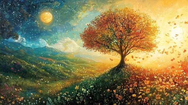 A detailed illustration the vernal equinox, highlighting the seasonal shift and harmony.