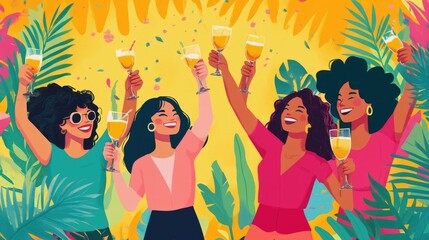 Four women raising glasses toasting in celebratory gathering with leafy background