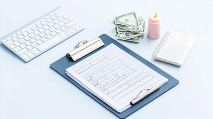 Obraz premium Clipboard with financial document, keyboard, cash, and baby bottle on a bright desk, representing maternity leave costs.
