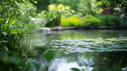 A peaceful pond surrounded by lush greenery, with dragonflies buzzing over the water.