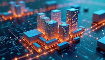 Obraz premium Futuristic city model glowing with data visualizations on digital network infrastructure. 3D rendering shows urban design with glowing buildings, tech connections. Advanced tech logistics system with