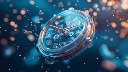 A detailed, stylish wristwatch floats against a bokeh background.
