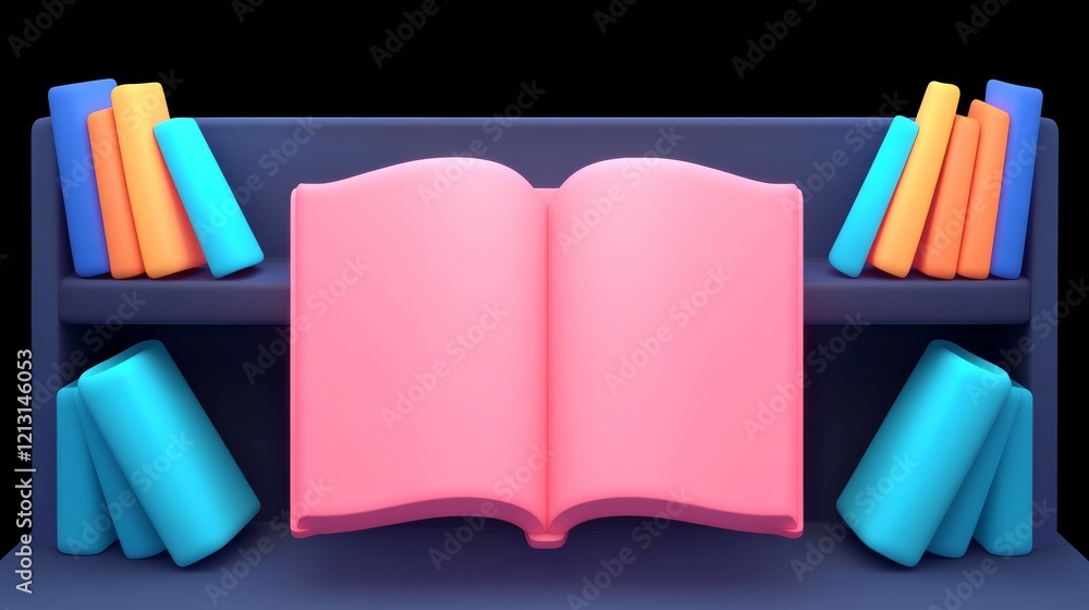 Poster a colorful bookshelf with an open book at the center, showcasing various brightly colored books on t