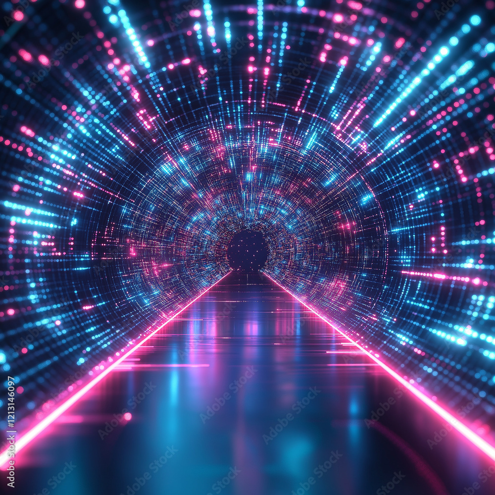 Poster neon glowing virtual reality data tunnel: futuristic tech background 3d blue pink loop cyber space