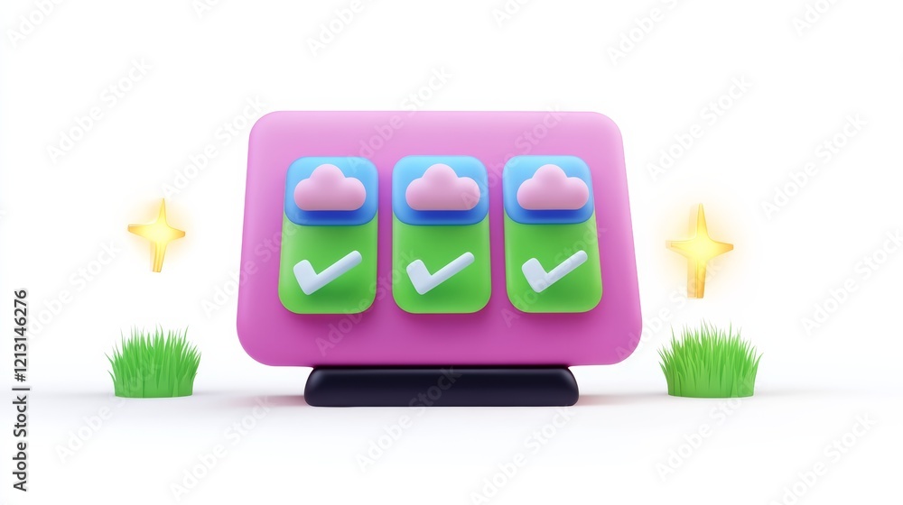 Aufkleber a colorful digital interface with three checkboxes featuring cloud icons, surrounded by decorative e