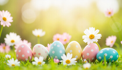 Colorful Easter eggs surrounded by daisies on green grass