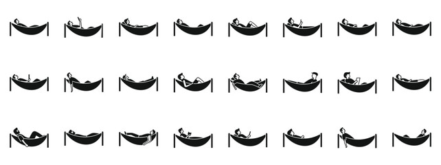 Man relax hammock icons set. Set of people relaxing in hammocks, enjoying leisure time outdoors, reading, using electronic devices, and taking a nap