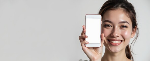 Elegant woman displaying a smartphone mockup with a blank screen for banner or app marketing.