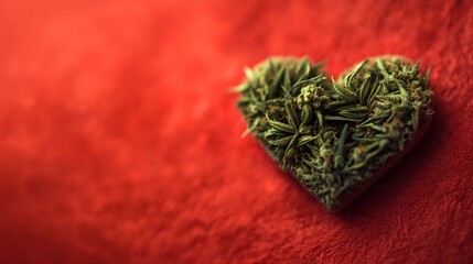 Love and Weed: A Heart-Shaped Display of Cannabis Buds Against a Rich Red Background.
