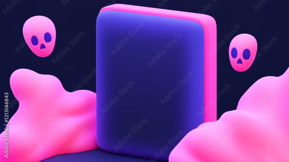 Aufkleber a vibrant, abstract scene featuring a dark rectangular shape surrounded by pink clouds and floating 