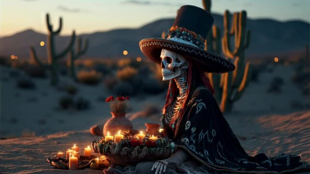 La llorona, La Santa Muerte. Mexican Skull adorned with flowers., at night in the desert 