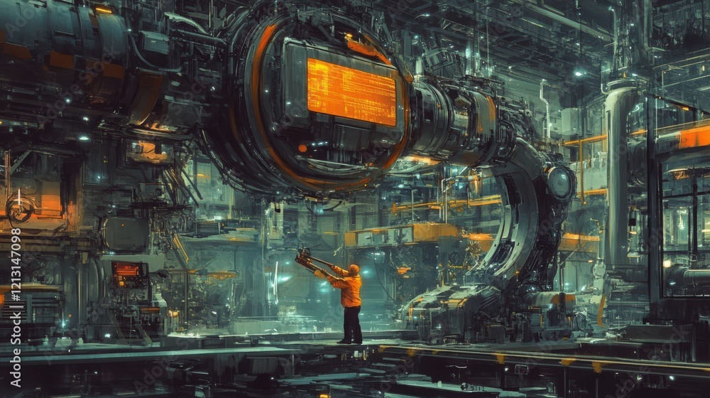 Poster a photograph of a worker feeding materials into a large automated machine, with the factory in full 